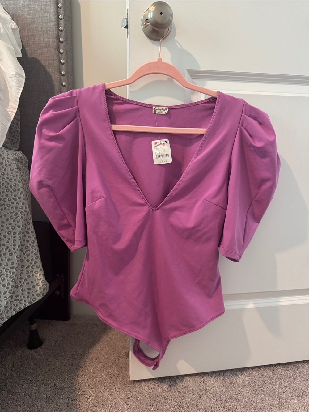 Free People Magenta Puff-Sleeve V-Neck Bodysuit